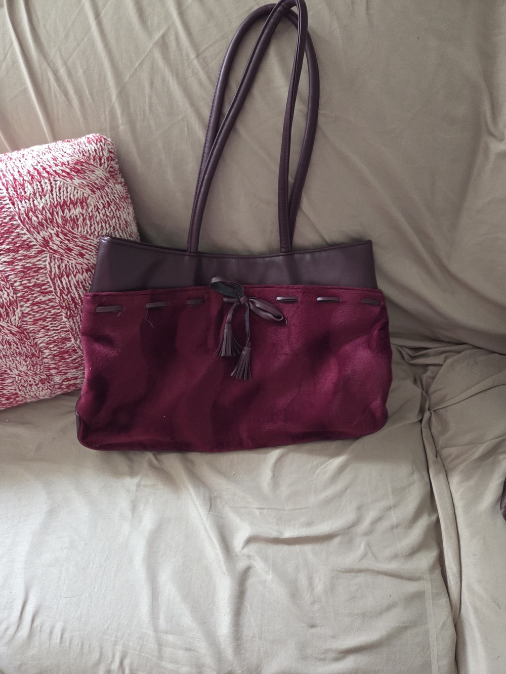 Women's Burgundy Tote Bag with Tassel Accent